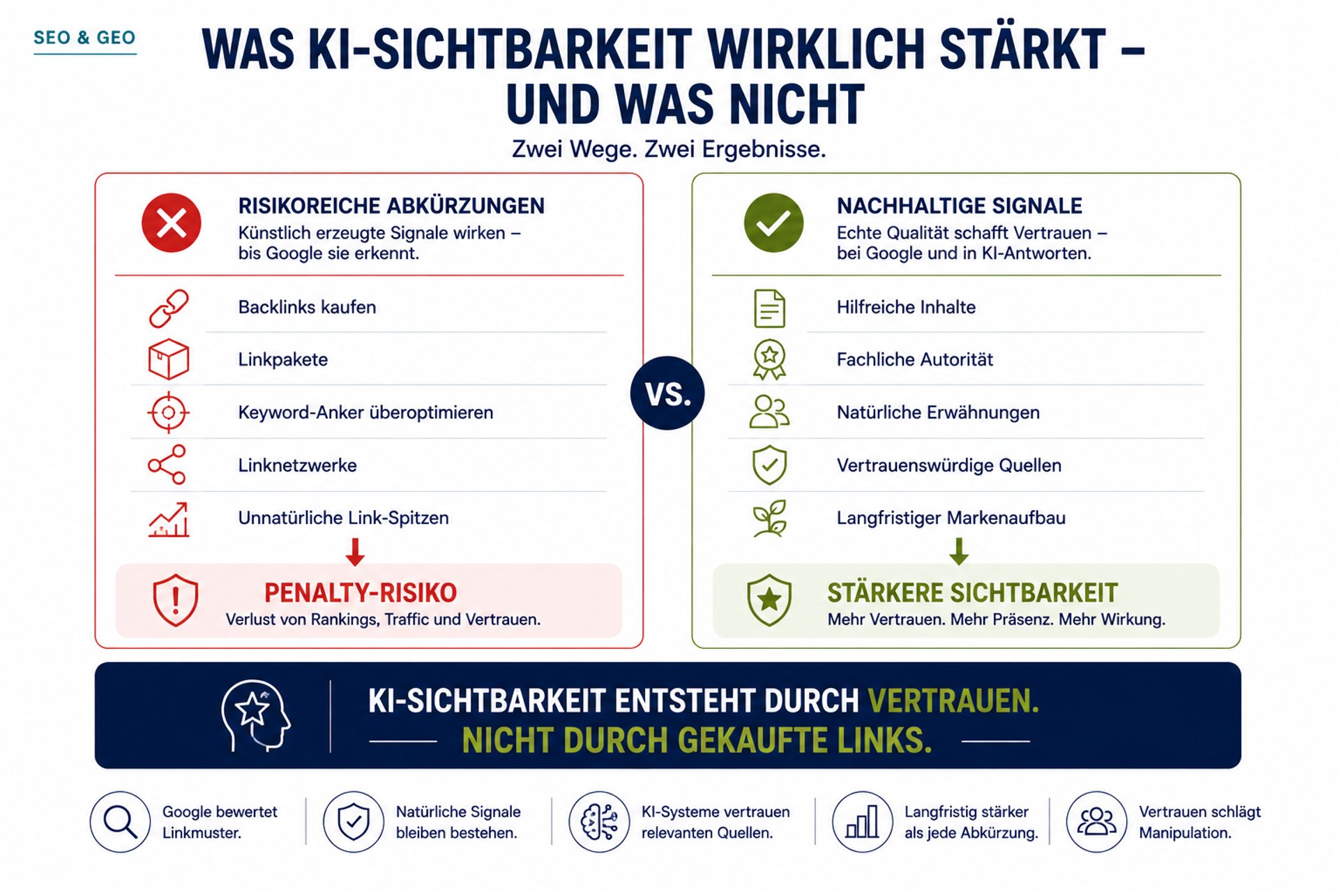 Infografik, die riskante SEO-Abkürzungen nachhaltigen Signalen für KI-Sichtbarkeit gegenüberstellt. Sie zeigt, dass gekaufte Backlinks ein Penalty-Risiko darstellen, während hilfreiche Inhalte und Vertrauen langfristig die Sichtbarkeit stärken.