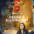 A woman with dark hair smiles; behind her is a fantasy drawing of a robed figure casting a spell. Text: DESIGN & ILLUSTRATION.