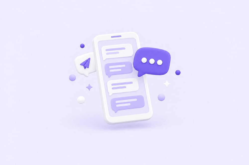 Illustration: Smartphone mit Chatverlauf, davor eine violette Sprechblase mit drei Punkten