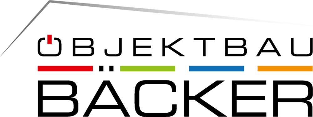 Logo von Objektbau Backer mit schwarzem Text, farbigen Linien und einem stilisierten Dach auf grünem Hintergrund.