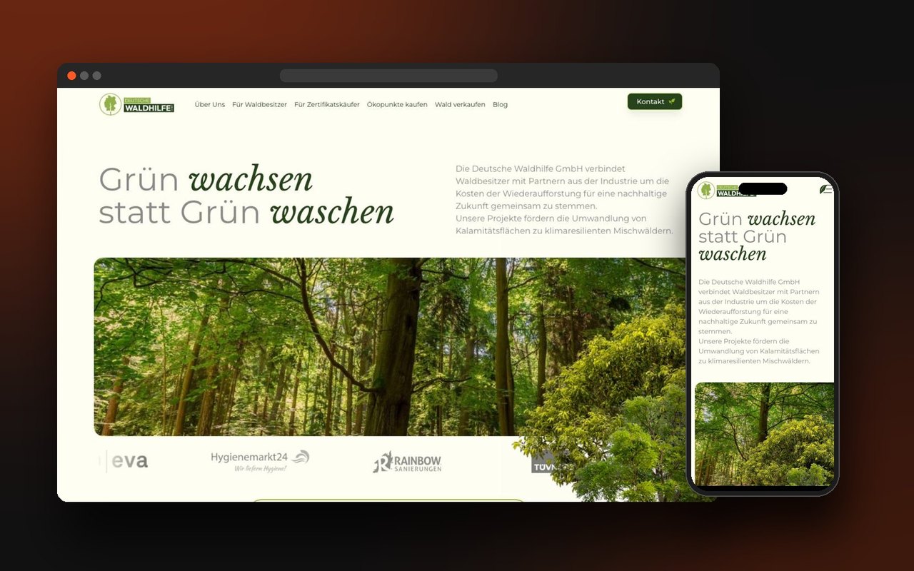 Startseite der Deutschen Waldhilfe auf Desktop und Smartphone mit dem Claim Grün wachsen statt Grün waschen und einem großen Waldfoto