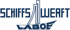 Dunkelblaues Logo "SCHIFFS WERFT" über einer Segelboot-Silhouette mit "LABOE" darunter auf grünem Hintergrund.