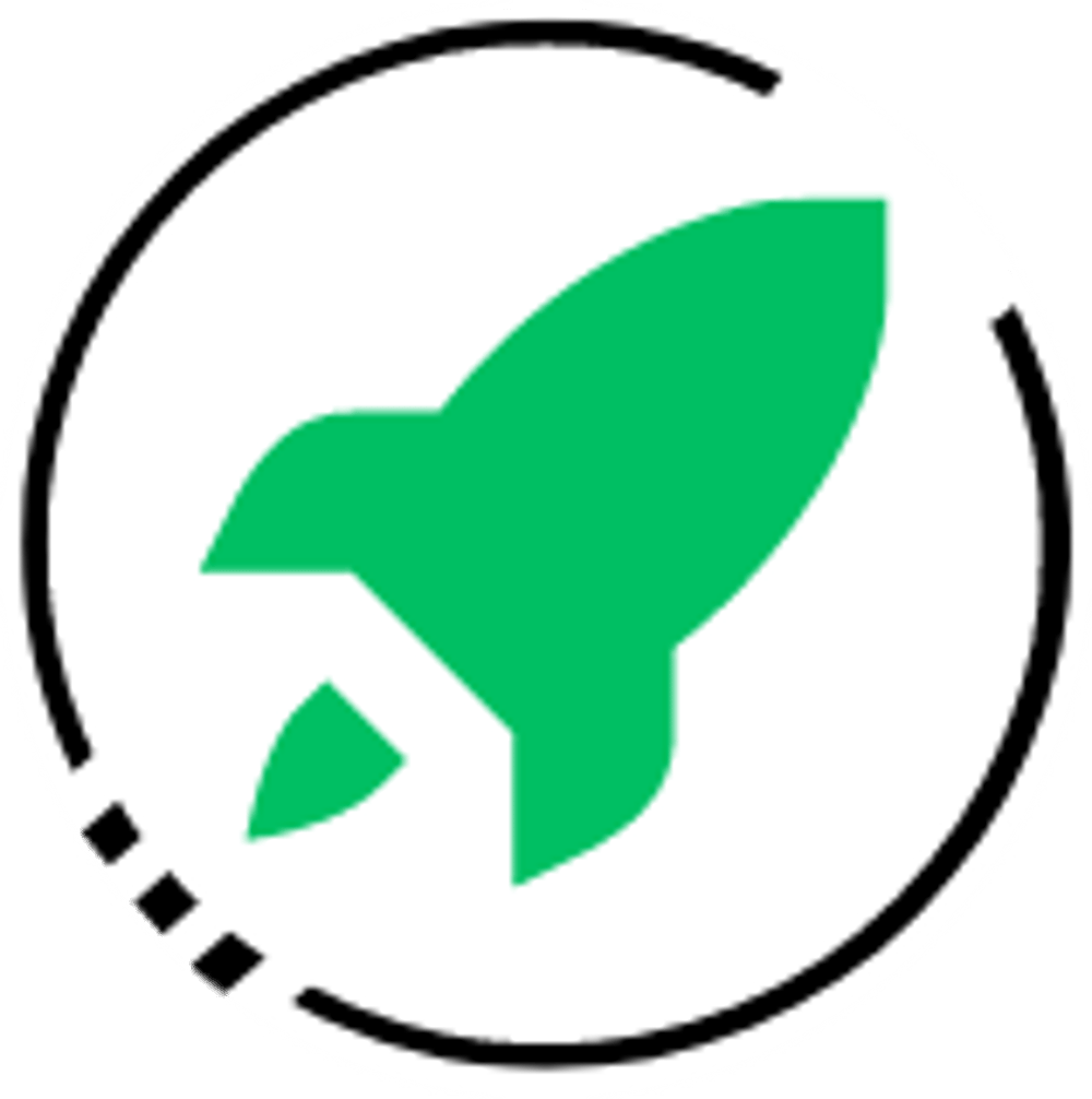 Grüne Rakete in einem weißen Kreis mit gestrichelter schwarzer Umrandung.