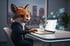 Ein Fuchs mit Kopfhörern sitzt an einem Schreibtisch, tippt auf einem Laptop und blickt auf den Bildschirm.