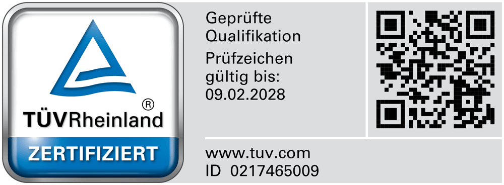 TÜV Rheinland ZERTIFIZIERT, Gültig bis: 09.02.2028, www.tuv.com, ID 0217465009, mit QR-Code.