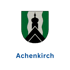 Wappen von Achenkirch mit schwarzem Kirchturm und weißem Fluss vor grünem Hintergrund.