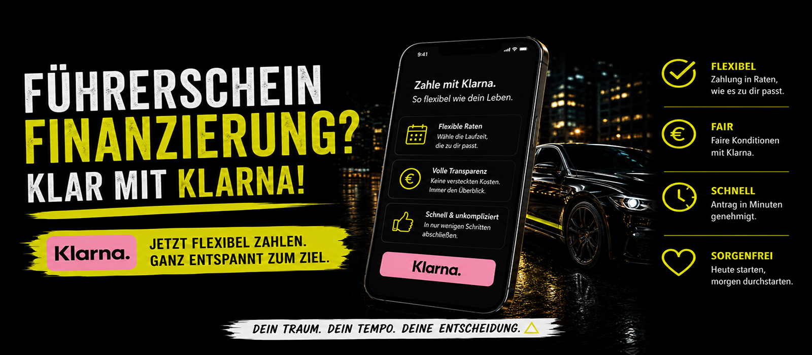 Die Fahrschule DELTA in Mannheim bietet die Führerscheinfinanzierung über KLARNA an.