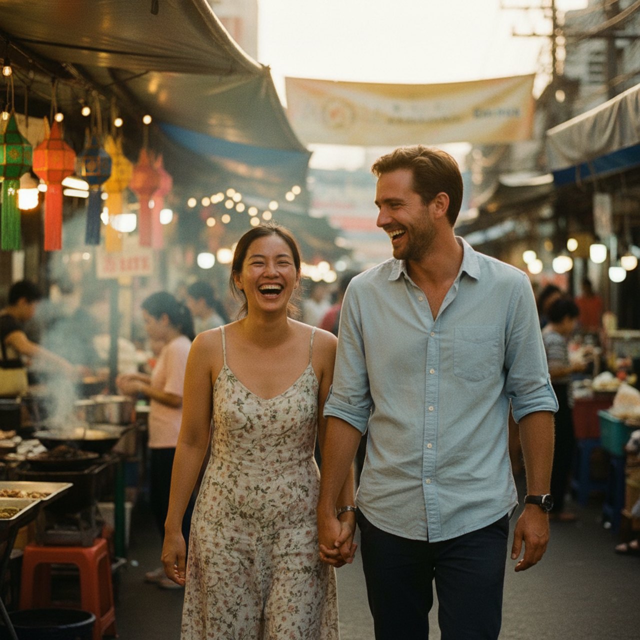 A couple laughing at a Bangkok street market