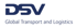 DSV Logo mit „Global Transport and Logistics“ Schriftzug.