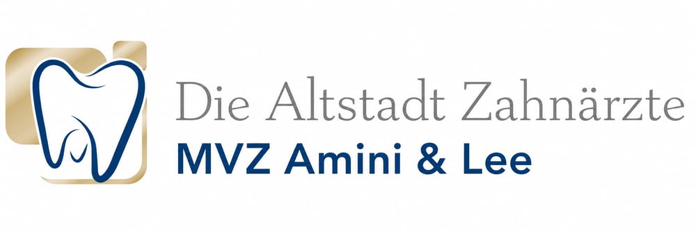 Logo von Die Altstadt Zahnärzte MVZ Amini & Lee mit einem stilisierten weißen Zahn vor goldenem Hintergrund.