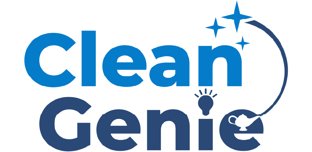 Das Logo "Service Genie" in Blau mit einem Schweif und Sternen.