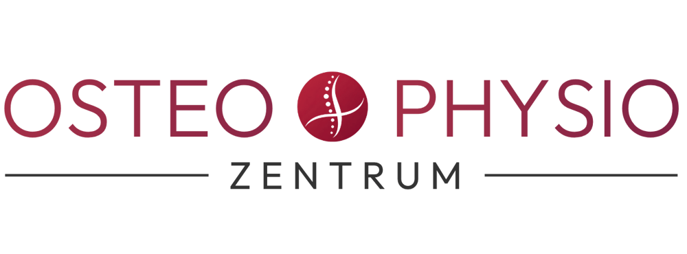 Logo "OSTEO PHYSIO ZENTRUM" in Dunkelrot und Grau auf dunklem Hintergrund, mit Wirbelsäulensymbol.