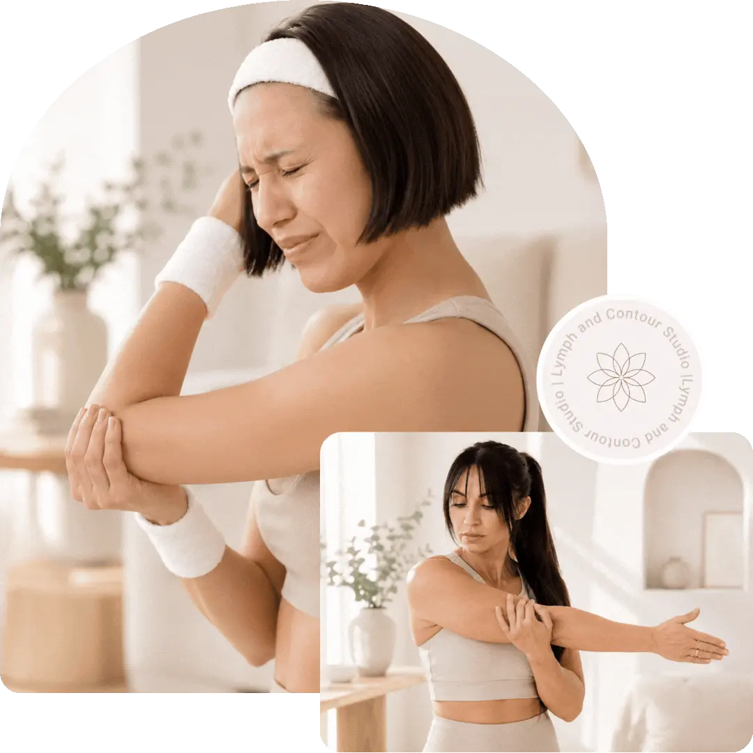 A woman winces while holding her elbow, next to an image of a woman stretching her arm at Lymph and Contour Studio.