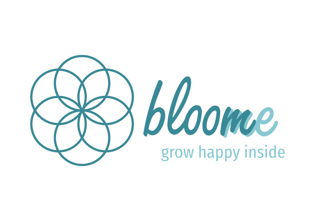Grünes Logo mit "bloome" in zwei Blautönen, darunter "grow happy inside" und ein Blütenmuster aus Kreisen.