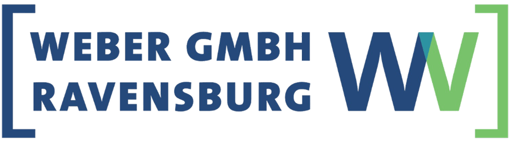 Weber GmbH Ravensburg Logo: Dunkelblaue Schrift und großes W, umrahmt von eckigen Klammern.