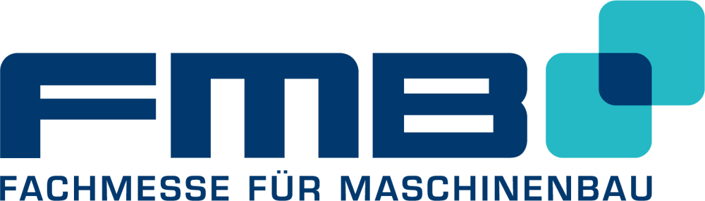 FMB Fachmesse für Maschinenbau Logo mit blauen Buchstaben und hellblauem Quadrat.