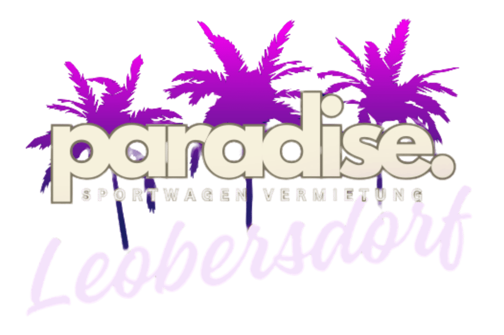 Schriftzug "paradise. SPORTWAGEN VERMIETUNG Leobersdorf" mit drei lila Palmen im Hintergrund.