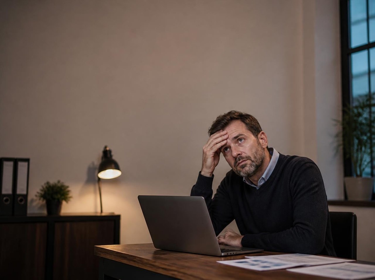 Nachdenklicher Unternehmer am Schreibtisch