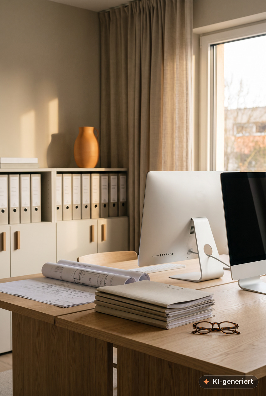 Arbeitsplatz in einem Planungsbüro: iMac auf einem Eichentisch, daneben zusammengerollte Pläne und Aktenmappen, im Hintergrund eine Regalwand mit Ordnern