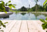 Moderner Schwimmteich mit Holzterrasse, umgeben von grüner Natur und mit Blick auf einen Kirchturm im Hintergrund.