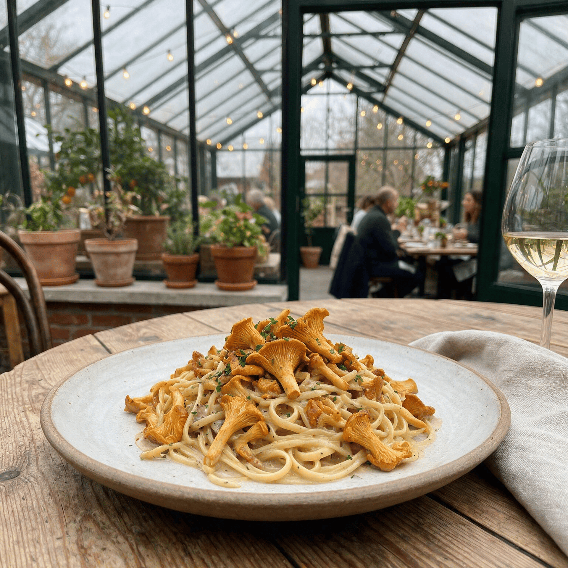 Pasta mit Pfifferlingen auf einem rustikalen Teller