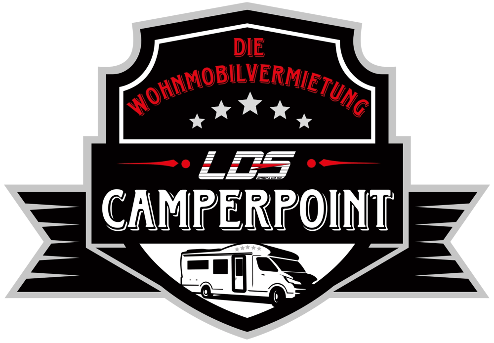 Logo "DIE WOHNMOBILVERMIETUNG LDS CAMPERPOINT" mit Wohnmobil und Sternen auf schwarzem Hintergrund.