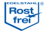 Blaues Schild mit Text "EDELSTAHL Rost frei" und einem Stern.