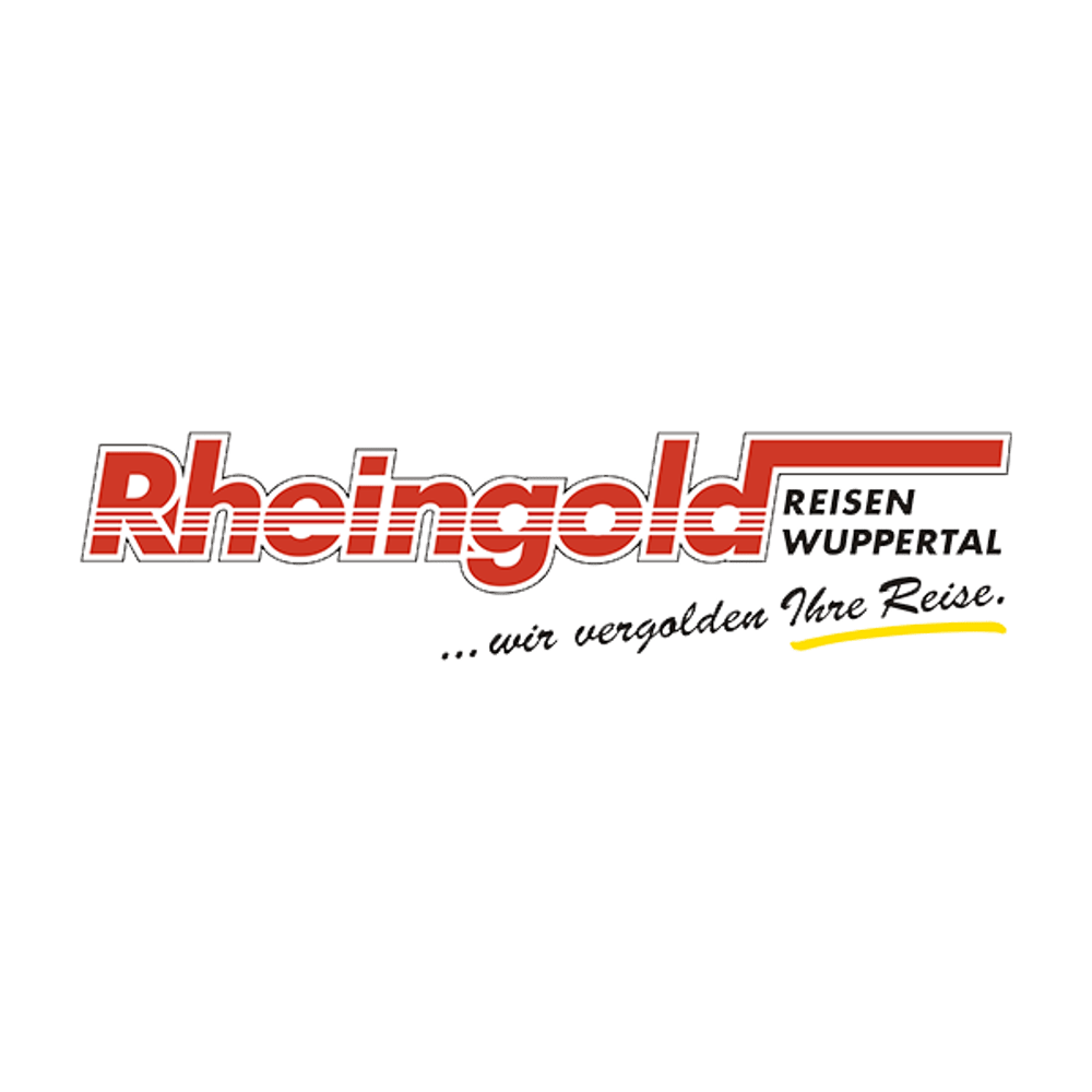 Rheingold Reisen Wuppertal Logo auf dunkelgrünem Hintergrund mit dem Slogan: "... wir vergolden Ihre Reise."