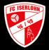 Rotes und weißes Wappen mit "FC ISERLOHN", "46 / 49", Fußball, Baum und Turm.