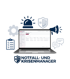 Laptop zeigt Software für Notfall- und Krisenmanager mit Kontaktliste, umgeben von blauen Sicherheits- und Warnsymbolen - Software für Alarmierung - Notfall- und Krisenmanager (NKM®).