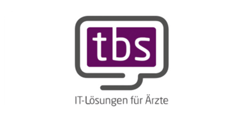 TBS-Logo in einem Computerbildschirm mit dem Text "IT-Lösungen für Ärzte".