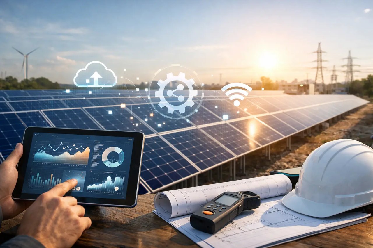 Solarpark mit Tablet-Steuerung, Bauhelm und digitalen Symbolen für Cloud, Zahnrad und WLAN vor einer Windkraftanlage.