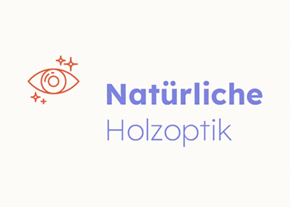 Augen-Icon mit Sternen neben dem blauen Schriftzug Natürliche Holzoptik auf weißem Hintergrund.