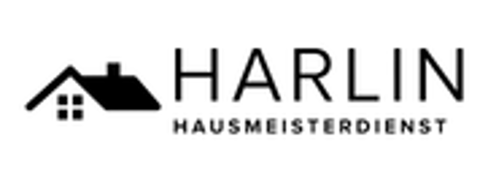 Schwarzes Logo mit Dachsymbol und Text "HARLIN HAUSMEISTERDIENST" auf dunkelgrünem Hintergrund.
