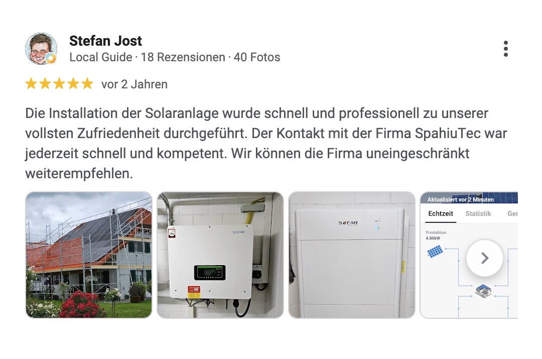 Google-Rezension von Stefan Jost mit 5 Sternen inklusive Fotos einer installierten Solaranlage.