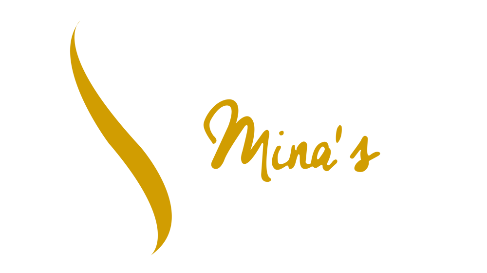 Logo von Mina's Hair Lounge mit Frauenprofil in Weiß und Gold auf schwarzem Hintergrund.