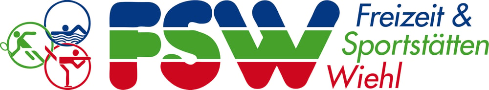 Logo der FSW Freizeit & Sportstätten Wiehl mit Sport-Piktogrammen für Schwimmen, Laufen und Eissport.