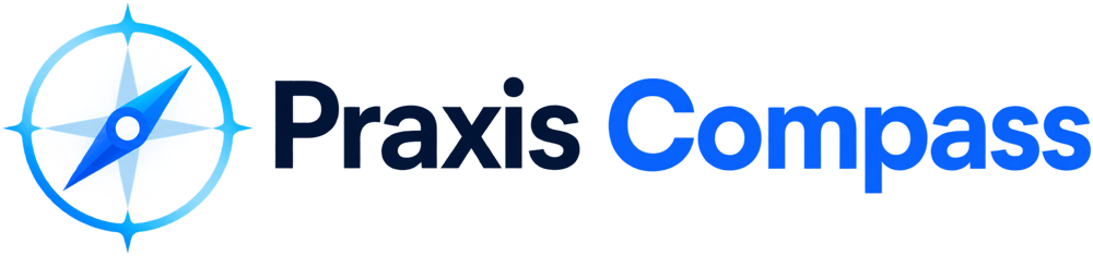Logo von Praxis Compass mit einem blauen Kompass-Symbol auf schwarzem Hintergrund.