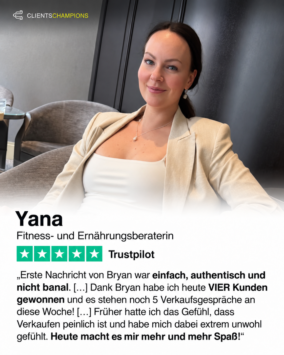 Kundenbewertung von Yana mit Porträt und fünf Sternen