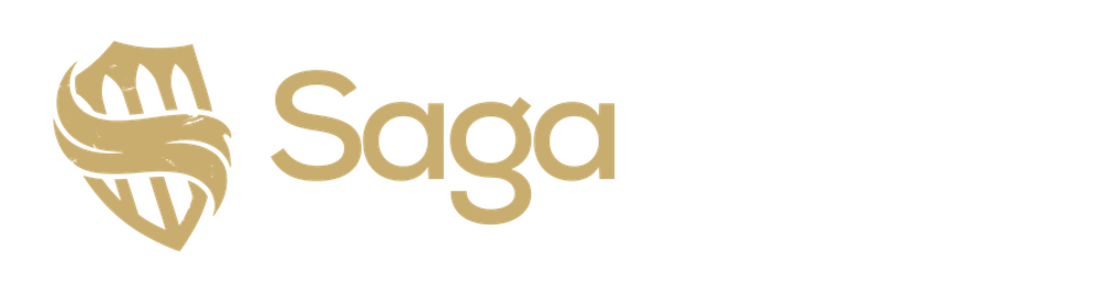 Red flowing ribbon logo followed by "Saga" in red and "Brand" in gray on a dark green background.