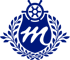 Blaues Emblem mit Steuerrad, Lorbeerkranz und wellenförmigem "M" in der Mitte.