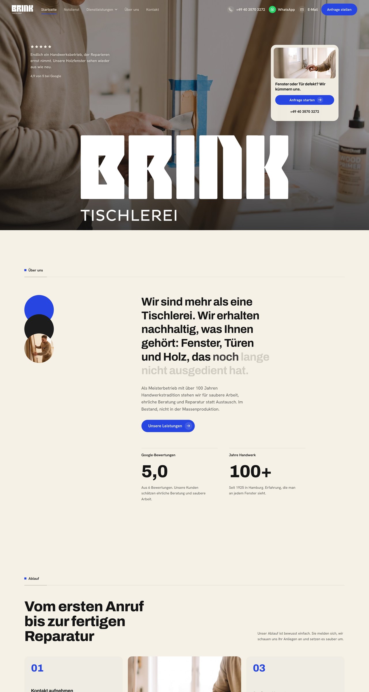 Tischlerei Brink website, first three screens