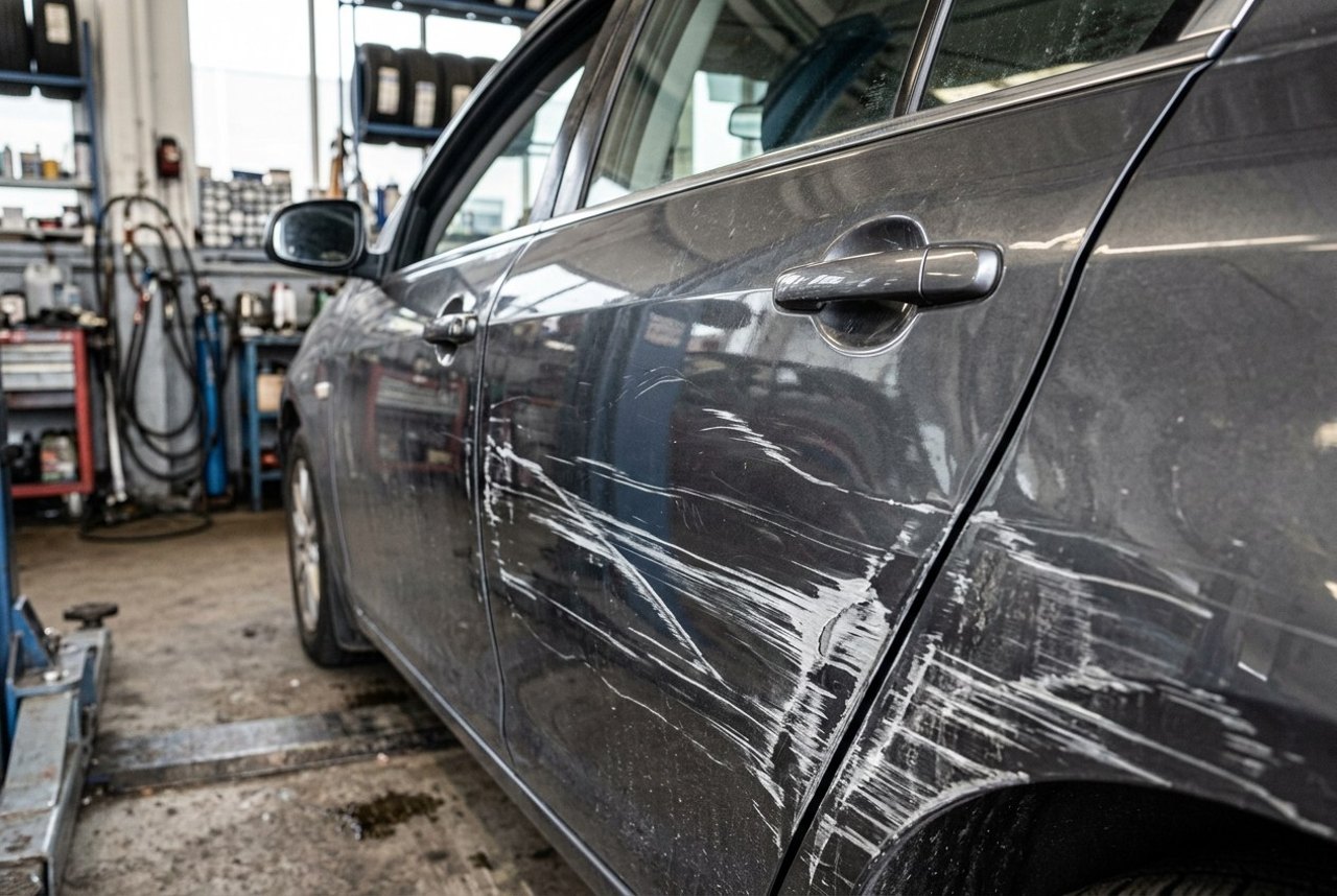 Fahrzeugtür mit tiefen Kratzern und Schrammen im Lack vor der Lackreparatur