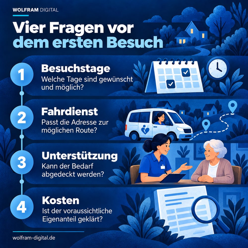 Vier Fragen vor dem ersten Besuch. Besuchstage: Welche Tage sind gewünscht und möglich?. Fahrdienst: Passt die Adresse zur möglichen Route?. Unterstützung: Kann der Bedarf abgedeckt werden?. Kosten: Ist der voraussichtliche Eigenanteil geklärt?
