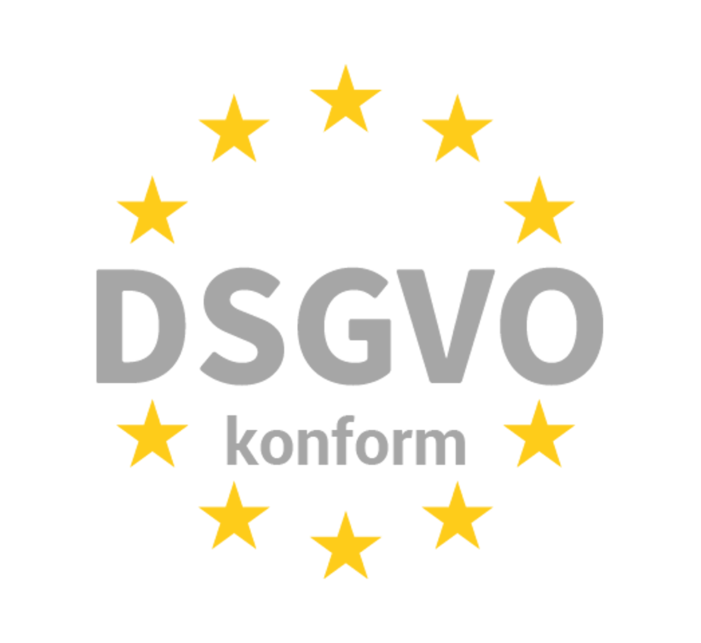 Grauer Text "DSGVO konform" umgeben von gelben Sternen auf grünem Hintergrund.