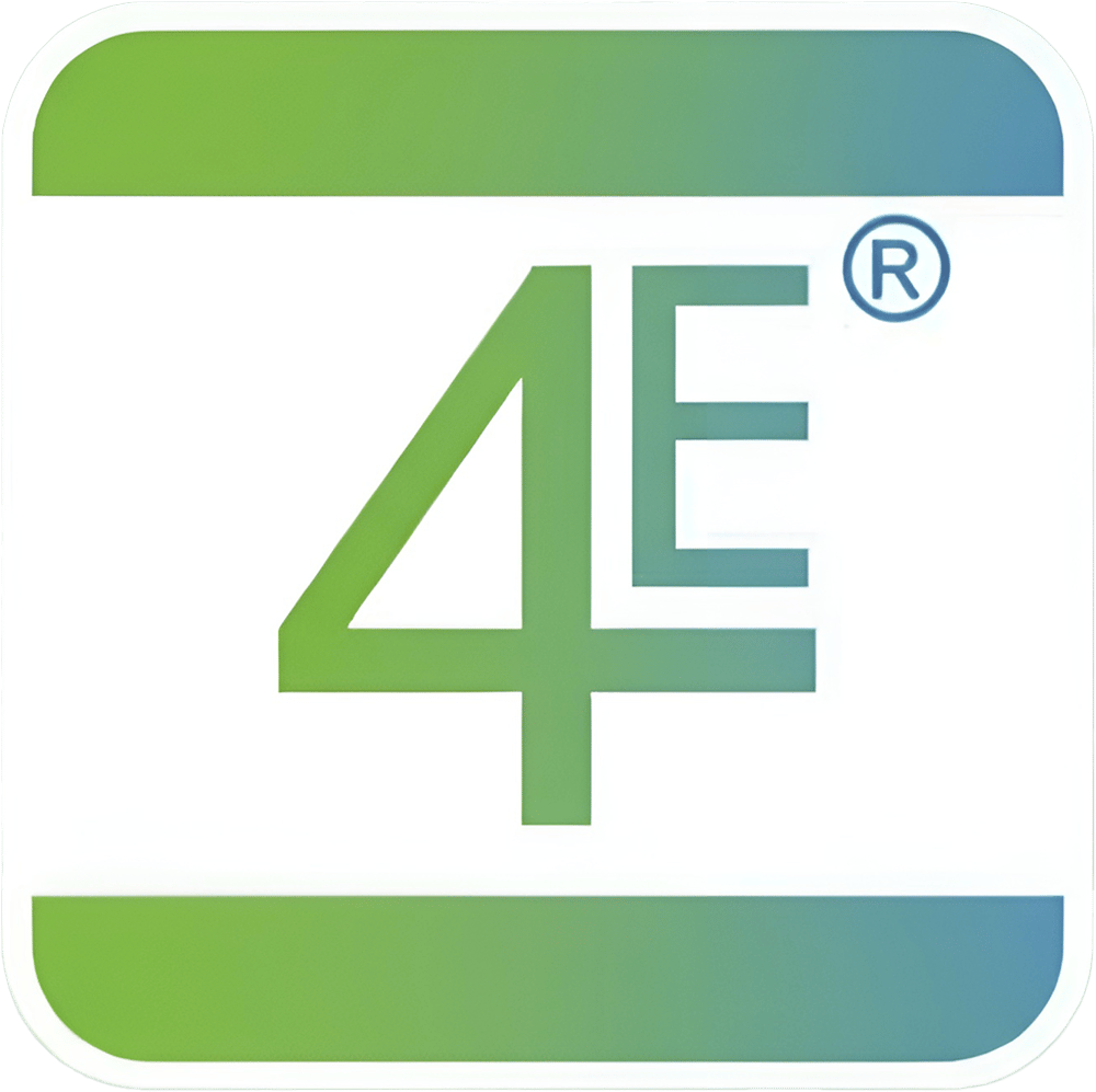 Quadratisches Logo mit grünem, stilisiertem "4E" und eingetragenem Warenzeichen in der oberen rechten Ecke auf weißem Hintergrund.