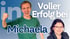 Mann mit erhobener Faust und Frau lächeln vor LinkedIn-Logo; Text: "Voller Erfolg bei Michaela".