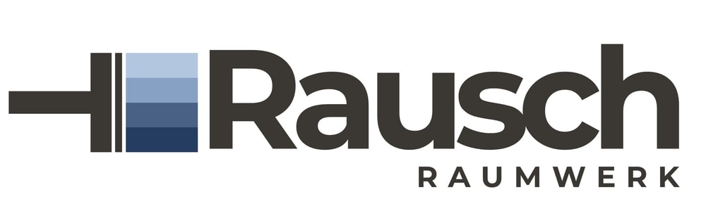 Logo mit Pinsel, der blaue Farbstreifen hinterlässt, und dem Text "Rausch RAUMWERK".
