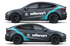Seitenansicht eines grauen Tesla Model Y mit seitenart Logo, türkisfarbenem Streifen und schwarzem Hintergrund.