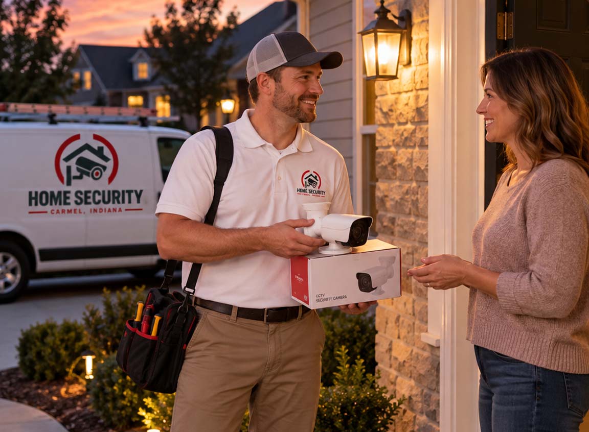 A Carmel, Indiana home at dusk with exterior lighting on
